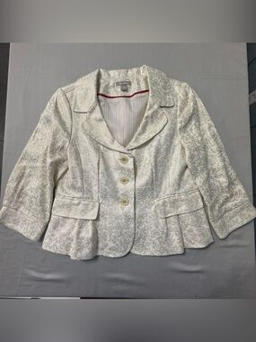 Ella Rose Linen Blazer Jacket Womens 8 Ivory Gold Metallic Damask Peplum Lined